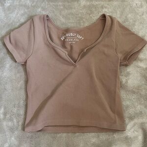 Aeropostale Women's Short Sleeve Scoop Crop Top - Taupe Brown